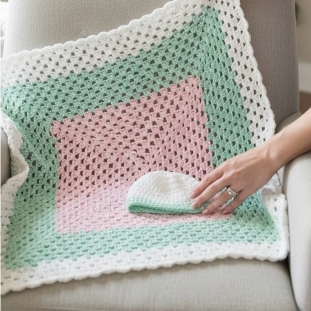 Baby Blanket Hat Set Hand Crafted Crochet Pink Green Acrylic Striped
